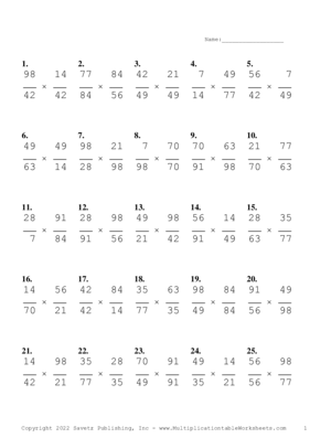 Simplify by 7 Problem Set M Multiplication Worksheet