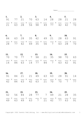 Simplify by 7 Problem Set N Multiplication Worksheet