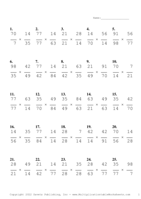 Simplify by 7 Problem Set O Multiplication Worksheet