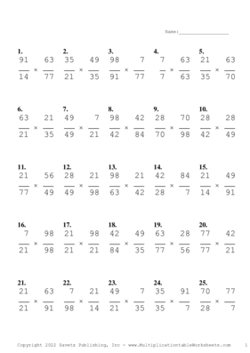 Simplify by 7 Problem Set P Multiplication Worksheet