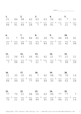 Simplify by 7 Problem Set Q Multiplication Worksheet