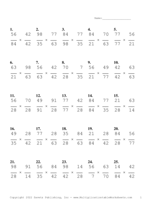 Simplify by 7 Problem Set R Multiplication Worksheet