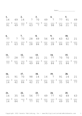 Simplify by 7 Problem Set S Multiplication Worksheet