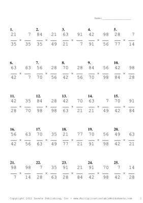 Simplify by 7 Problem Set T Multiplication Worksheet