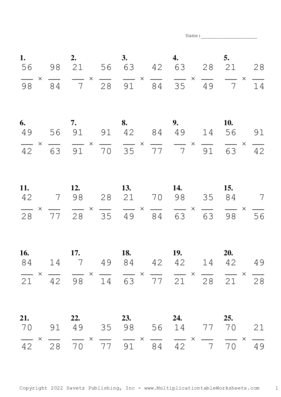 Simplify by 7 Problem Set U Multiplication Worksheet