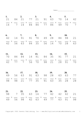 Simplify by 7 Problem Set V Multiplication Worksheet