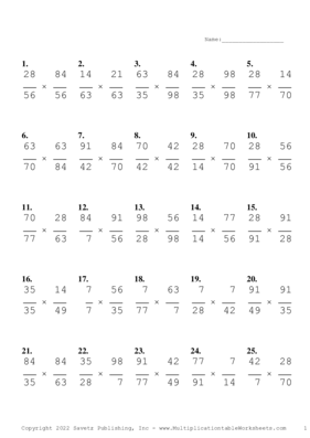 Simplify by 7 Problem Set W Multiplication Worksheet