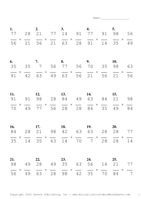 Simplify by 7 Problem Set X Multiplication Worksheet