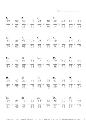 Simplify by 7 Problem Set Y Multiplication Worksheet