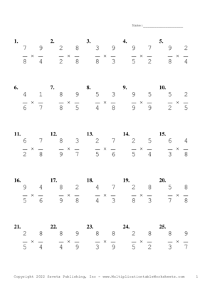 Single Digit Fraction Problem Set AB Multiplication Worksheet