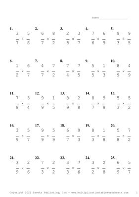 Single Digit Fraction Problem Set AC Multiplication Worksheet