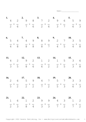 Single Digit Fraction Problem Set AF Multiplication Worksheet