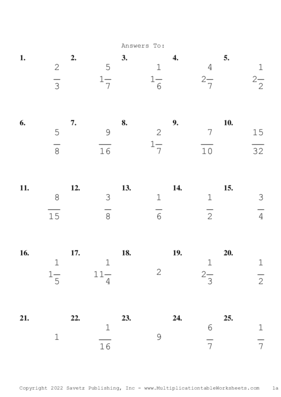 Single Digit Fraction Problem Set AF Answers