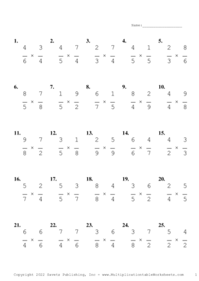 Single Digit Fraction Problem Set AG Multiplication Worksheet