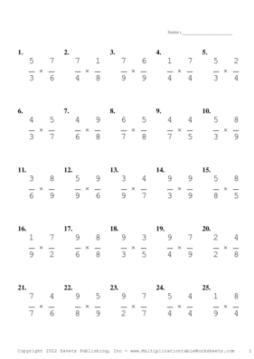 Single Digit Fraction Problem Set AH Multiplication Worksheet