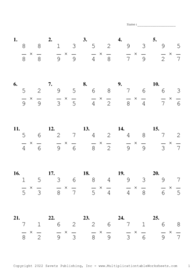 Single Digit Fraction Problem Set AK Multiplication Worksheet