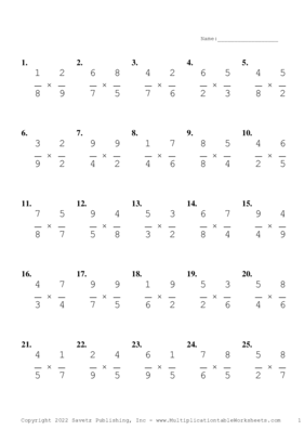 Single Digit Fraction Problem Set AL Multiplication Worksheet