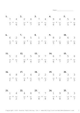 Single Digit Fraction Problem Set AO Multiplication Worksheet