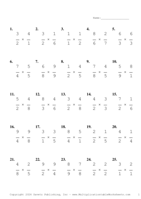 Single Digit Fraction Problem Set AR Multiplication Worksheet