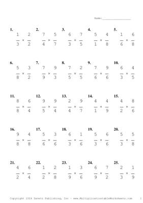 Single Digit Fraction Problem Set AU Multiplication Worksheet
