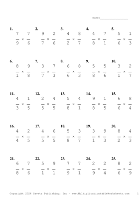 Single Digit Fraction Problem Set AV Multiplication Worksheet