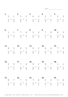 Single Digit Fraction Problem Set B Multiplication Worksheet