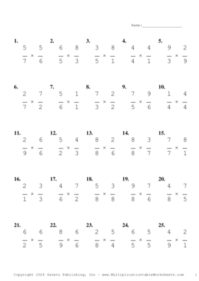 Single Digit Fraction Problem Set BU Multiplication Worksheet