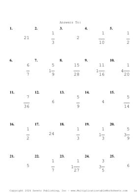 Single Digit Fraction Problem Set BW Answers