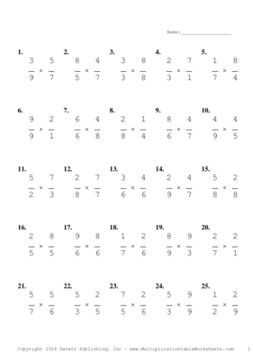Single Digit Fraction Problem Set BY Multiplication Worksheet