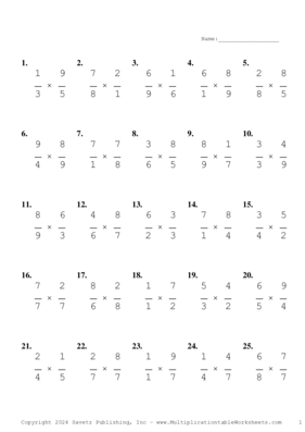Single Digit Fraction Problem Set CA Multiplication Worksheet
