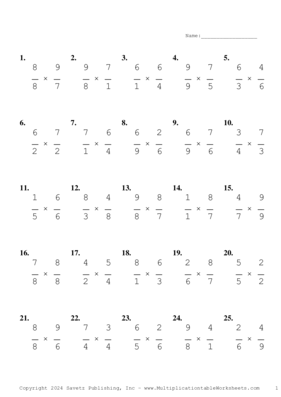 Single Digit Fraction Problem Set CB Multiplication Worksheet
