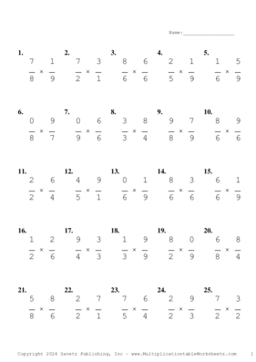 Single Digit Fraction Problem Set CD Multiplication Worksheet