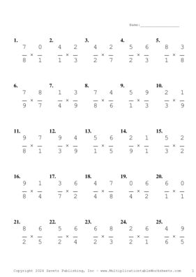 Single Digit Fraction Problem Set CE Multiplication Worksheet
