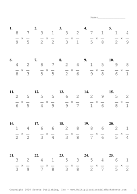 Single Digit Fraction Problem Set D Multiplication Worksheet