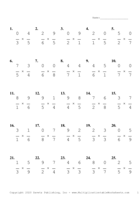 Single Digit Fraction Problem Set I Multiplication Worksheet