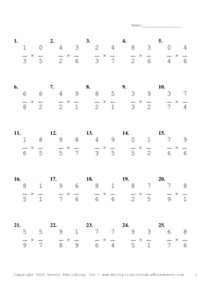 Single Digit Fraction Problem Set J Multiplication Worksheet