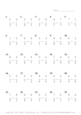 Single Digit Fraction Problem Set P Multiplication Worksheet