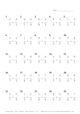 Single Digit Fraction Problem Set W Multiplication Worksheet