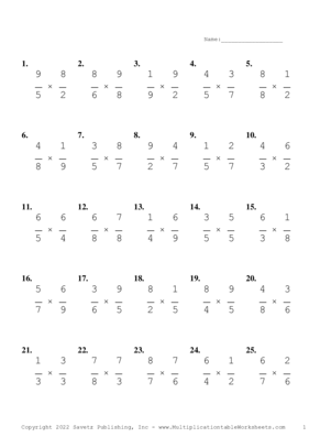 Single Digit Fraction Problem Set X Multiplication Worksheet