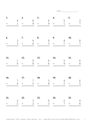 Single Digit Problem Set J Multiplication Worksheet
