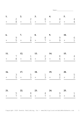 Single Digit Problem Set K Multiplication Worksheet