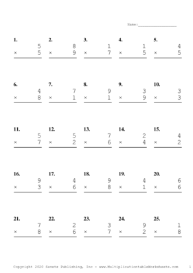 Single Digit Problem Set L Multiplication Worksheet
