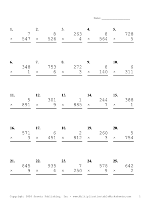 Three by One Digit Problem Set A Multiplication Worksheet