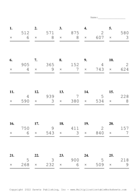 Three by One Digit Problem Set AB Multiplication Worksheet