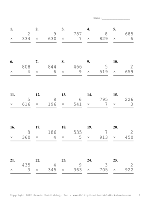 Three by One Digit Problem Set AC Multiplication Worksheet