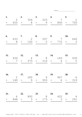 Three by One Digit Problem Set AD Multiplication Worksheet