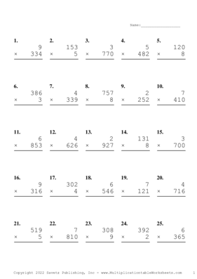 Three by One Digit Problem Set AE Multiplication Worksheet