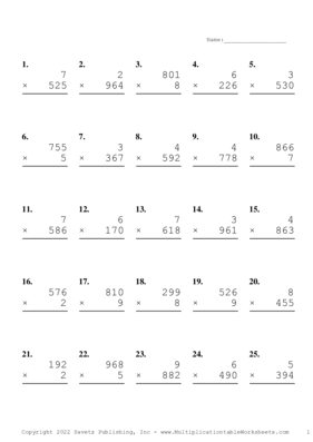 Three by One Digit Problem Set AF Multiplication Worksheet