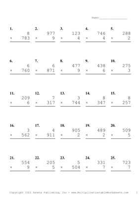 Three by One Digit Problem Set AG Multiplication Worksheet