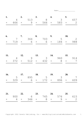 Three by One Digit Problem Set AH Multiplication Worksheet
